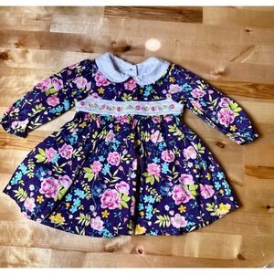 Iris & Ivy Floral Smocked Dress Baby Girls 3-6M Purple Vintage Cotton
